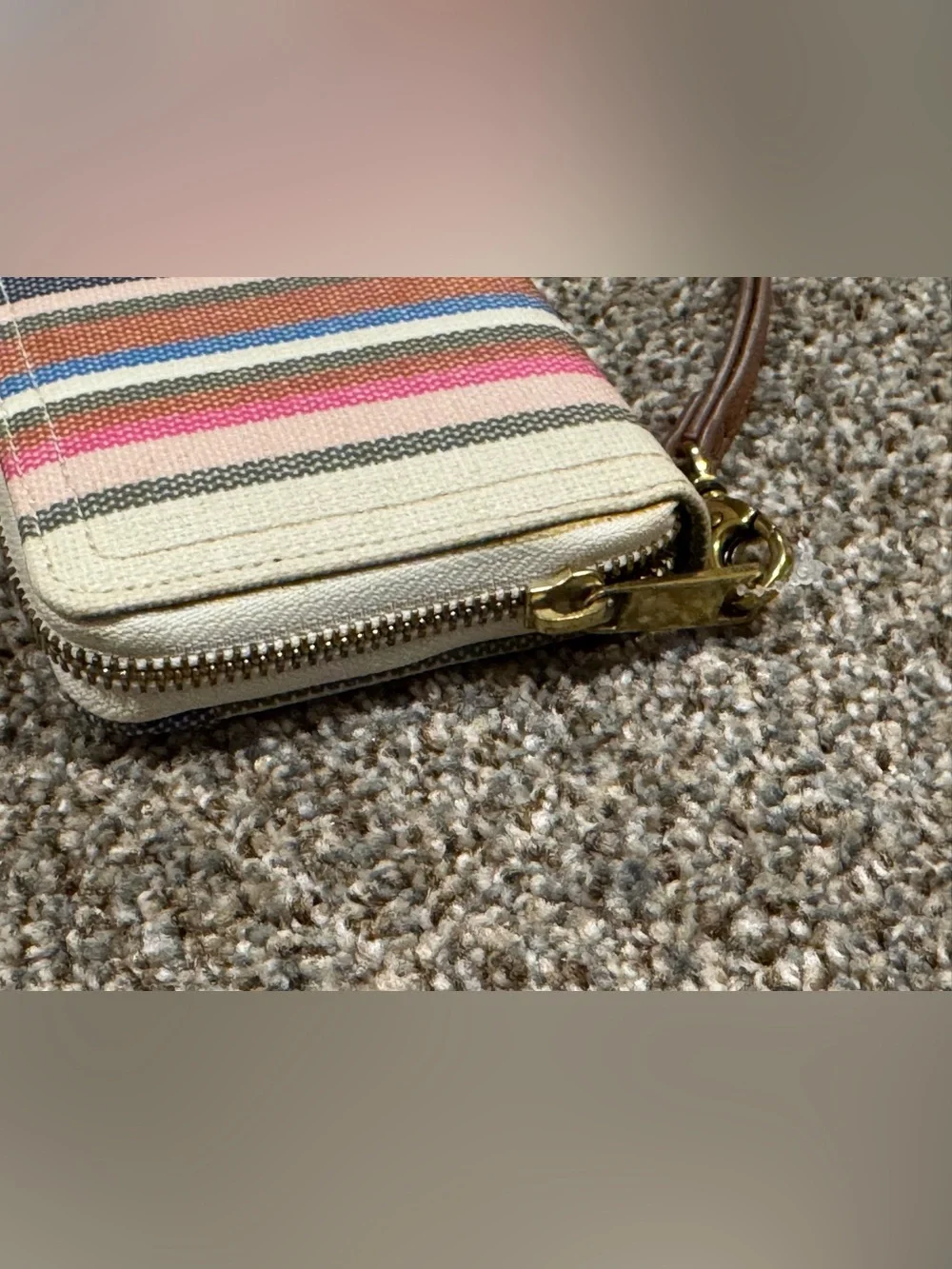 Fossil Striped Canvas Wallet in Pink, Blue, Brown & Cream Fully Zip Around